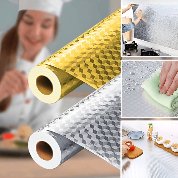 Autocolante de cozinha em folha de alumínio - 61x300 cm, cortado à medida, resistente ao óleo | ALUMAX